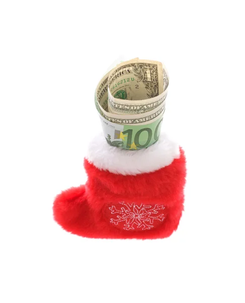 Red christmas sock with euro and dollar money — Stock Photo, Image