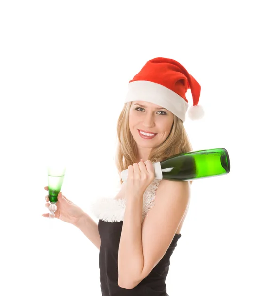 赤いサンタ帽子にグラスとボトルを保持しているブロンドの女の子の笑顔 — ストック写真