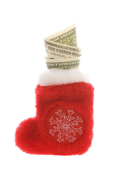 Red christmas sock with dollar cash money — Stock Photo, Image