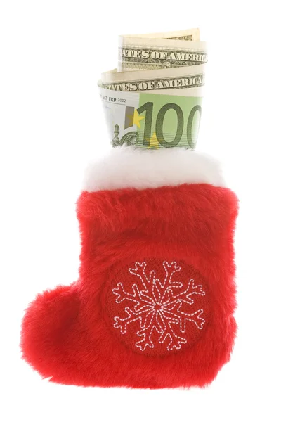 Red christmas sock with euro and dollar cash money — Stock Photo, Image