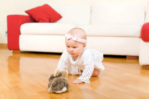 Glückliches acht Monate altes Mädchen krabbelt zu Kaninchenspielzeug — Stockfoto