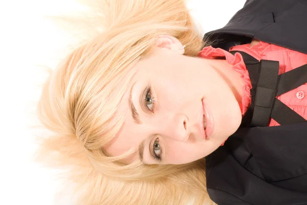 Mujer rubia joven acostada en el suelo blanco —  Fotos de Stock