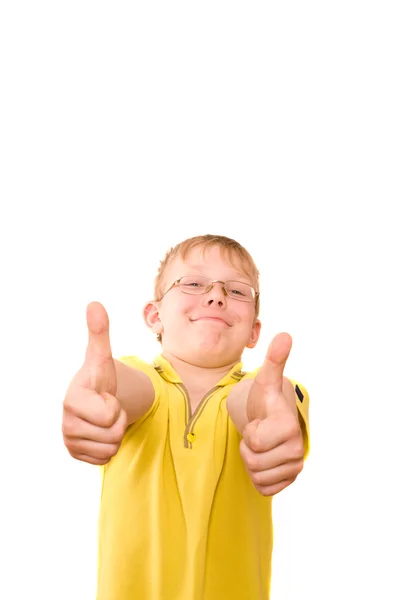 Adolescent souriant montrer pouce vers le haut signe sur deux mains — Photo