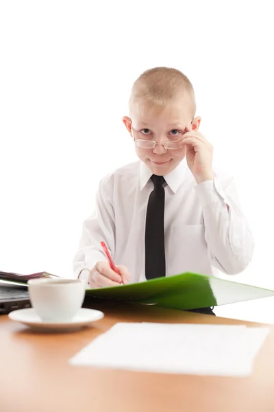 Teenager look over glasses in usual office space — Stock Photo, Image