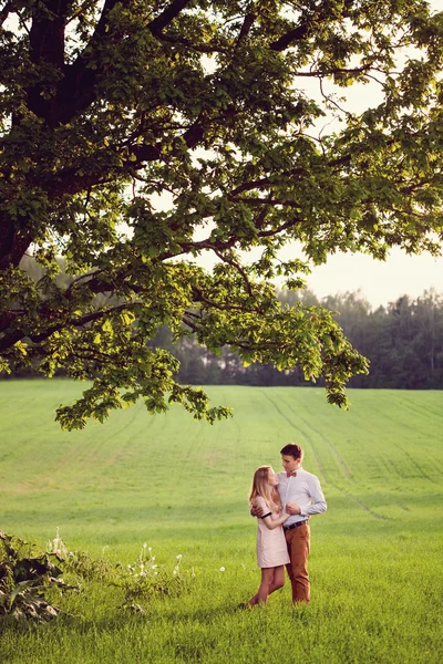 Sensuale ritratto all'aperto di giovane coppia elegante in posa in campo — Foto Stock