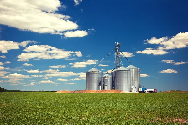 Fattoria silos di stagno torri di stoccaggio in vista colture verdi — Foto Stock