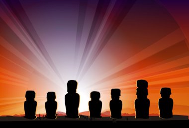 Paskalya Adası anıt heykelleri Moai kirişler güneş içinde