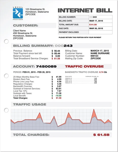 Provedor de Internet ISP Gastos Modelo de Documento Bill — Vetor de Stock