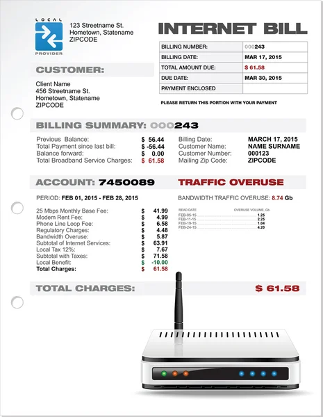 Modello di documento di fattura delle spese ISP Internet con router — Vettoriale Stock