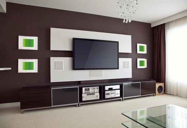 Quarto moderno Home Theater Interior com TV de tela plana — Fotografia de Stock