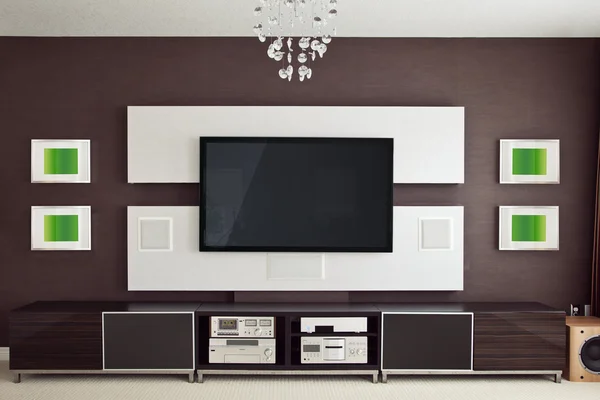 Moderna sala de cine en casa interior con TV de pantalla plana — Foto de Stock