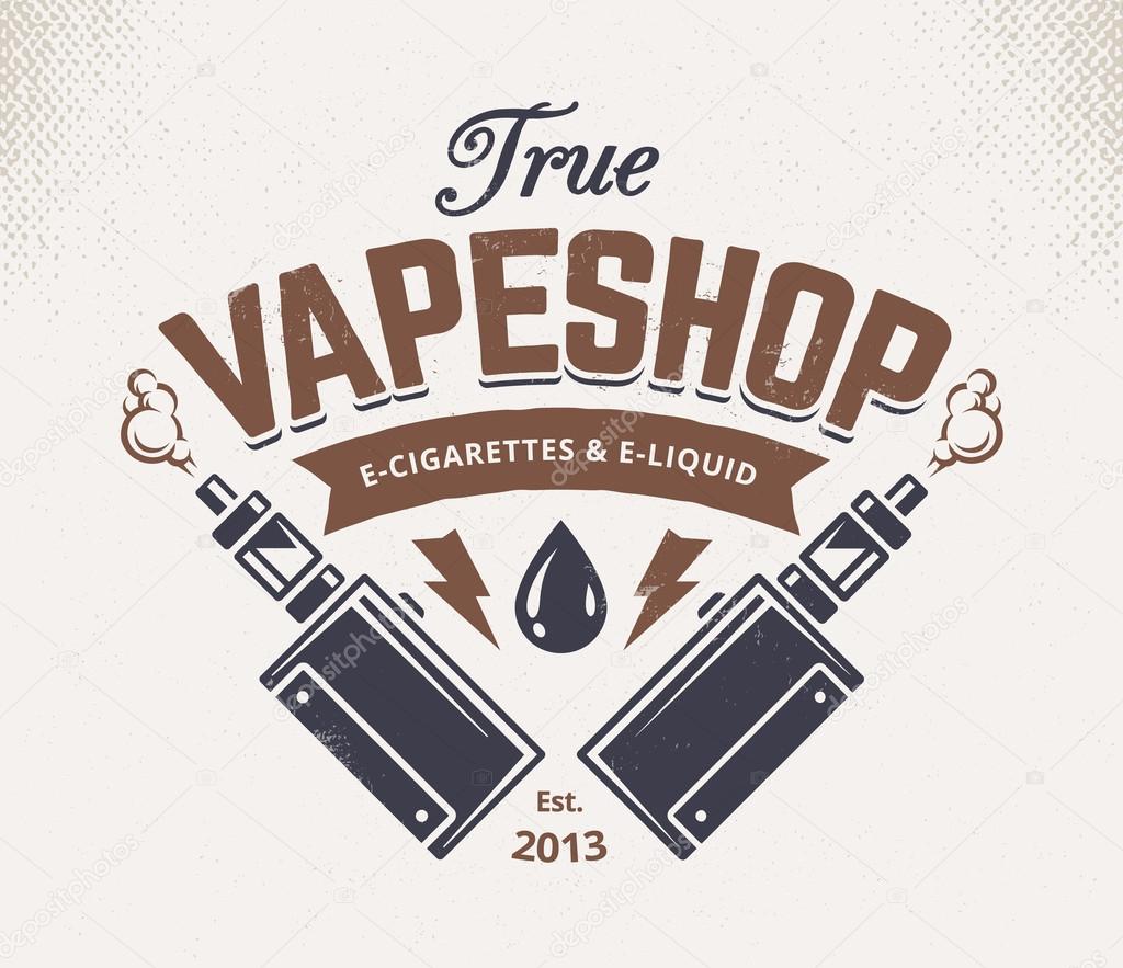 Vape shop emblem template. Vector retro style emblem with vaping attributes.