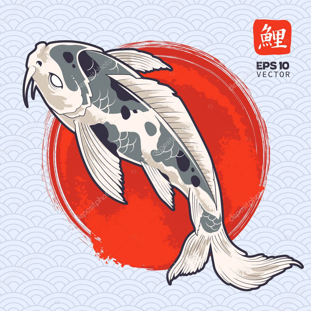 Vector art of koi fish on painted red circle. Japanese carp illustration. Oriental symbolic fish. Vector EPS10 graphic.