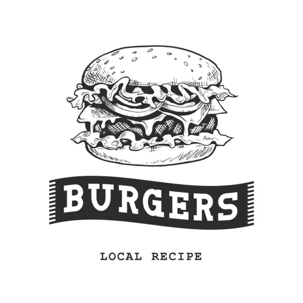 Burger Retro Emblem Modèle Logo Croquis Burger Noir Blanc Illustration — Image vectorielle