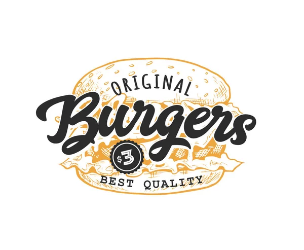 Burger Retro Emblem Modello Logo Con Lettere Nere Schizzo Hamburger — Vettoriale Stock