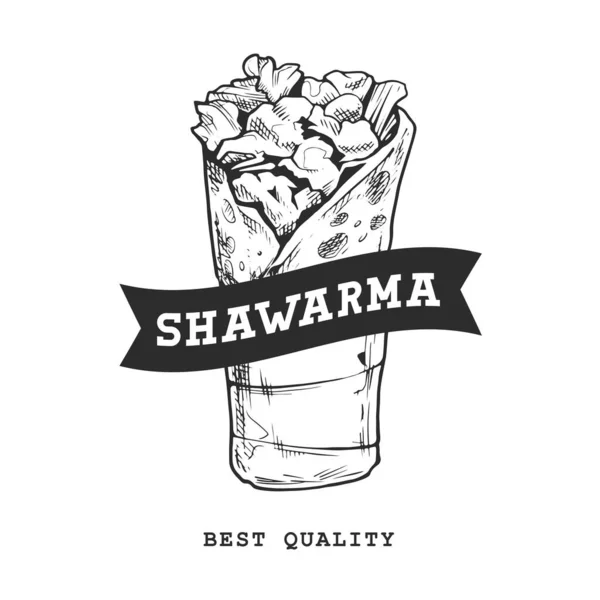 Godło Shawarma Retro Szablon Logo Czarno Białym Szkic Shawarmy Ilustracja — Wektor stockowy