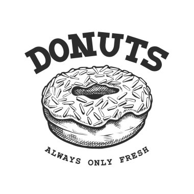 Donut Retro Amblemi. Logo şablonu, siyah beyaz harfler ve çörek çizimi. EPS10 vektör illüstrasyonu.