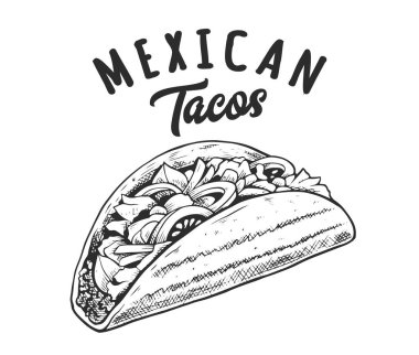 Tacos Retro Amblemi. Üzerinde siyah beyaz harfler ve taco çizimi olan logo şablonu. EPS10 vektör illüstrasyonu.