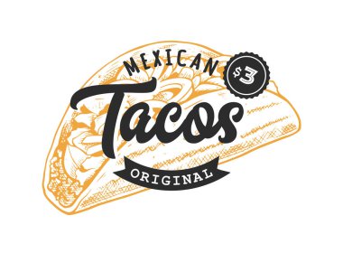 Tacos Retro Amblemi. Siyah harfli logo şablonu ve sarı taco çizimi. EPS10 vektör illüstrasyonu.