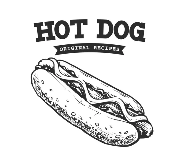 Godło Hot Dog Retro Szablon Logo Czarno Biały Tekst Skecz — Wektor stockowy