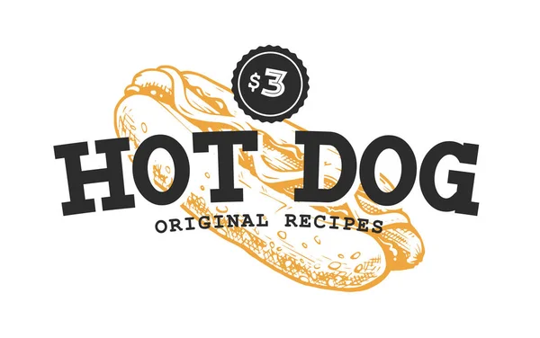 Hotdog Retro Embleem Logo Sjabloon Zwarte Tekst Gele Hotdog Schets — Stockvector