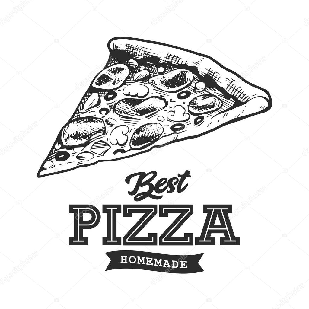 Pizza Retro Emblem. Logo template. Black and white pizza sketch. EPS10 vector illustration.