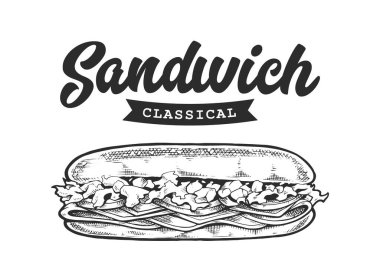 Sandviç Retro Amblemi. Siyah-beyaz harflerle logo şablonu ve sandviç taslağı. EPS10 vektör illüstrasyonu.