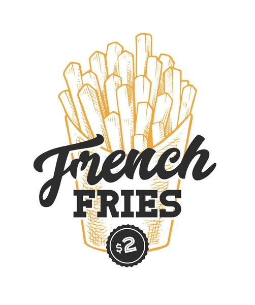Frites Retro Emblème Modèle Logo Avec Lettres Noires Croquis Frites — Image vectorielle
