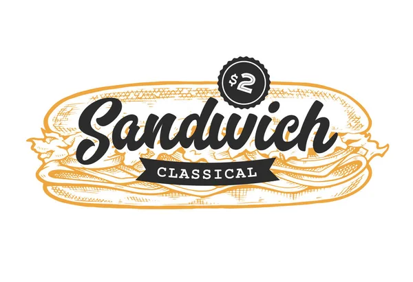 Sandwich Retro Emblem Modello Logo Con Lettere Nere Schizzo Sandwich — Vettoriale Stock