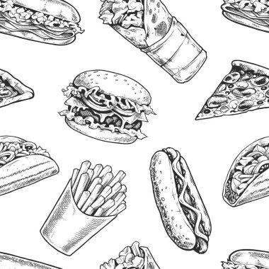 Fast Food Kusursuz Düzen. Hamburger, pizza, sandviç, taco, patates kızartması, sosisli ve shawarma 'nın siyah beyaz gravürleri. EPS10 vektör illüstrasyonu.