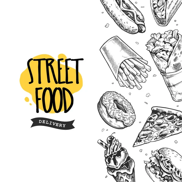 Vector Banner Χειροποίητο Street Food Μαύρο Και Άσπρο Χαρακτική Στυλ — Διανυσματικό Αρχείο