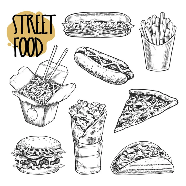 Street Food Retro Illustrations Ensemble Vectoriel Icônes Style Gravure Noir — Image vectorielle