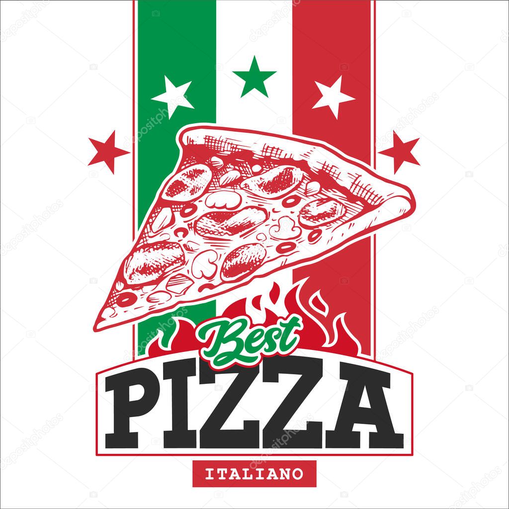 Retro Pizza Box Design Template. Hand drawn pizza slice on Italian flag with stars and shapes for text. EPS10 vector illustration.