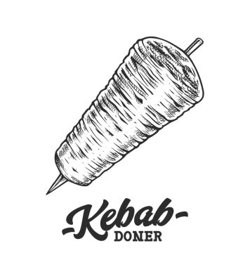 Doner Kebap Retro Amblemi. Logo şablonu, siyah beyaz yazı ve kebap tükürüğü çizimi. EPS10 vektör illüstrasyonu.