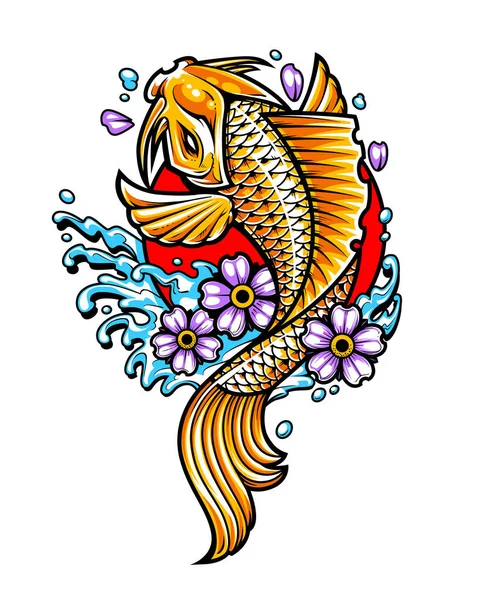 Gold Koi Fish Flowers Water Splashes Red Circle Japanese Tattoo — Stock Vector