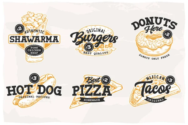 Ensemble Emblèmes Rétro Avec Nourriture Rue Populaire Shawarma Burger Beignet — Image vectorielle