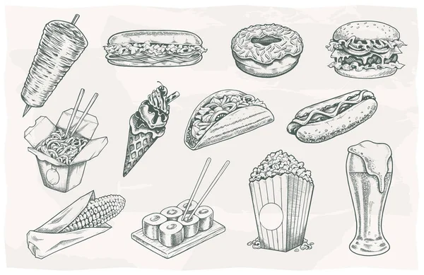 Street Food Boissons Icônes Vintage Sur Fond Papier Ensemble Illustrations — Image vectorielle