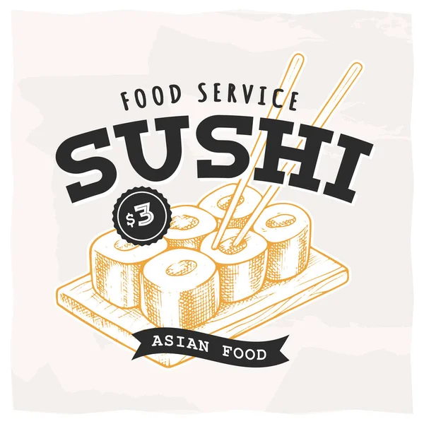 Sushi Retro Emblem Modelo Logotipo Com Letras Pretas Esboço Sushi — Vetor de Stock