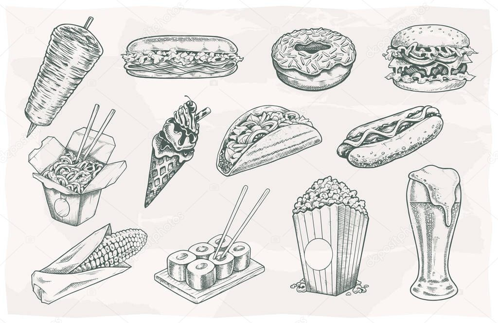 Street food and drinks vintage icons on paper background. Vector illustrations set.