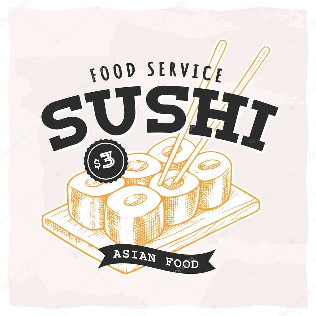 Sushi Retro Emblem. Logo template with black letters and yellow sushi sketch. EPS10 vector illustration.