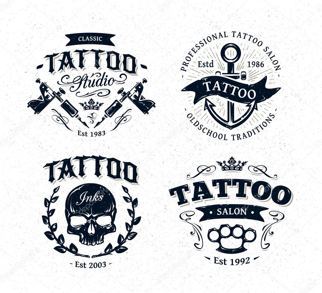 Vector tattoo studio logo templates on white background. Cool retro styled vector emblems.