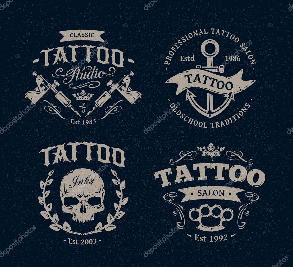 Vector tattoo studio logo templates on dark background. Cool retro styled vector emblems.
