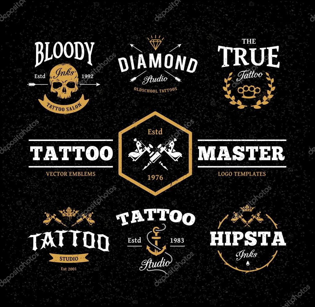 Vector set of cool tattoo studio logo templates on dark background. Retro styled trendy vector emblems.