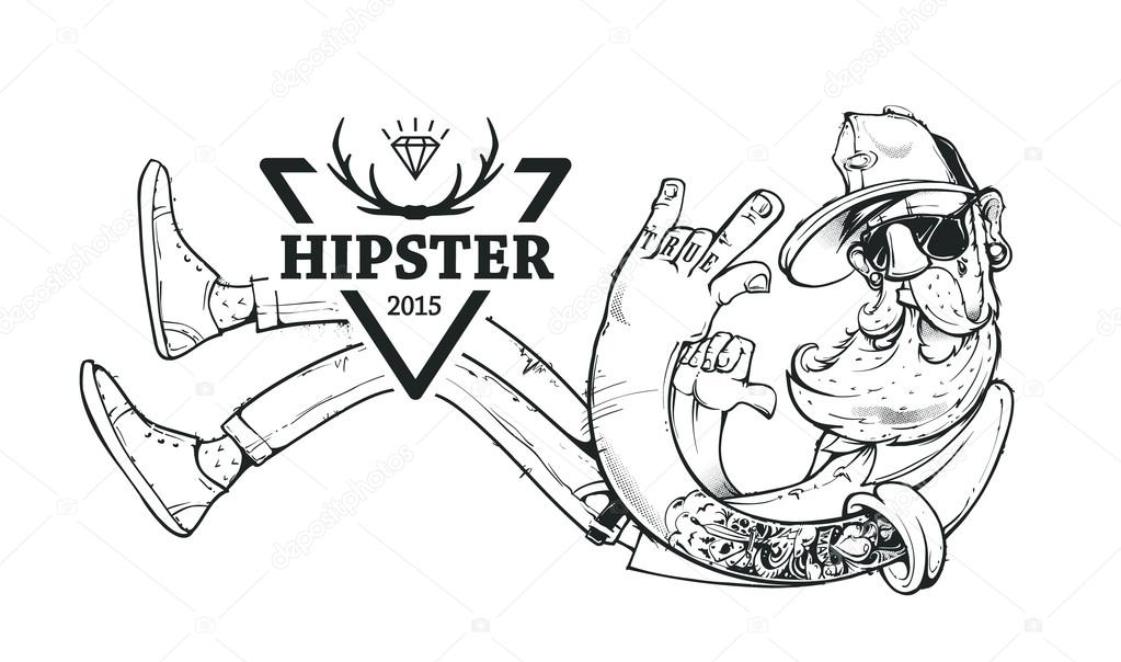Hipster bizarre character with brand emblem. Vector illustration.