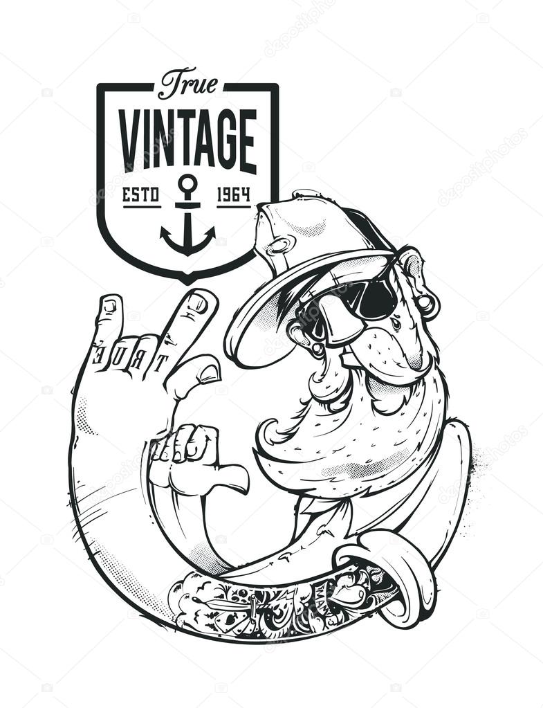 Hipster bizarre character with brand emblem. Vector illustration.