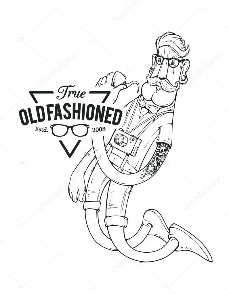 Hipster bizarre character with brand emblem. Vector illustration.