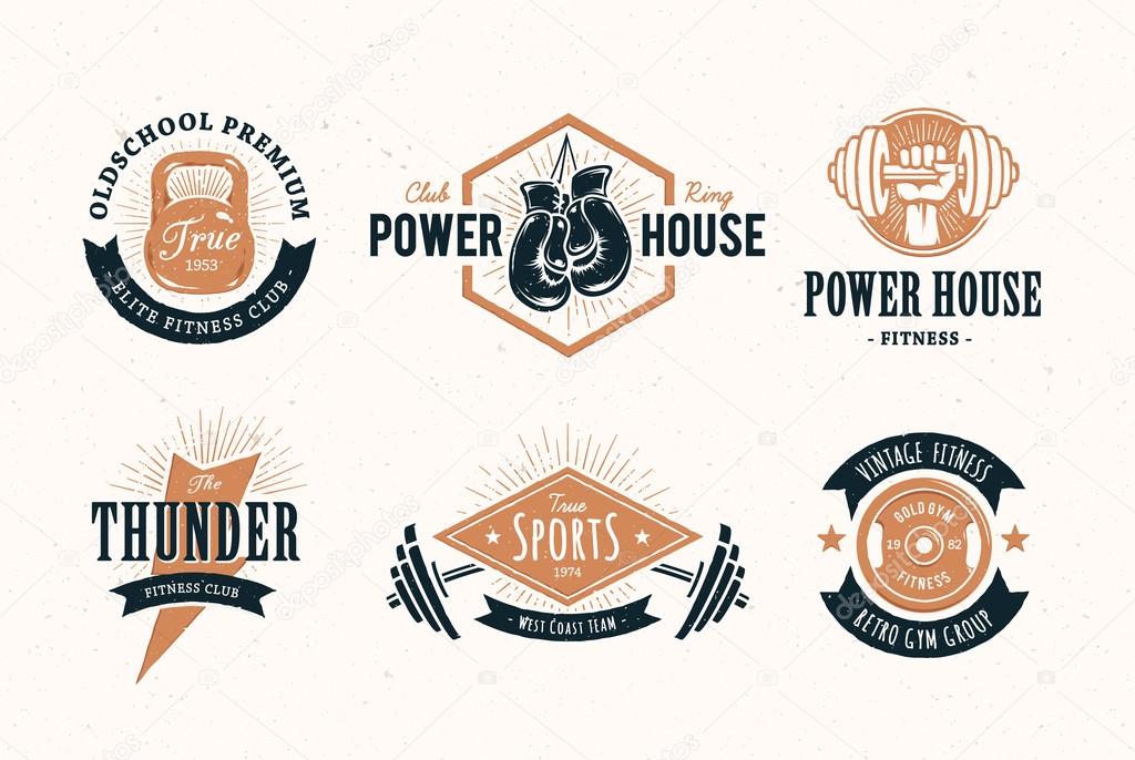 Set of retro styled fitness emblems. Vintage gym logo templates. Vector illustrations.