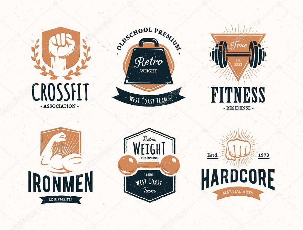 Set of retro styled fitness emblems. Vintage gym logo templates. Vector illustrations.