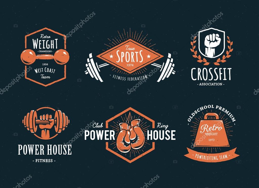 Set of retro styled fitness emblems. Vintage gym logo templates. Vector illustrations.