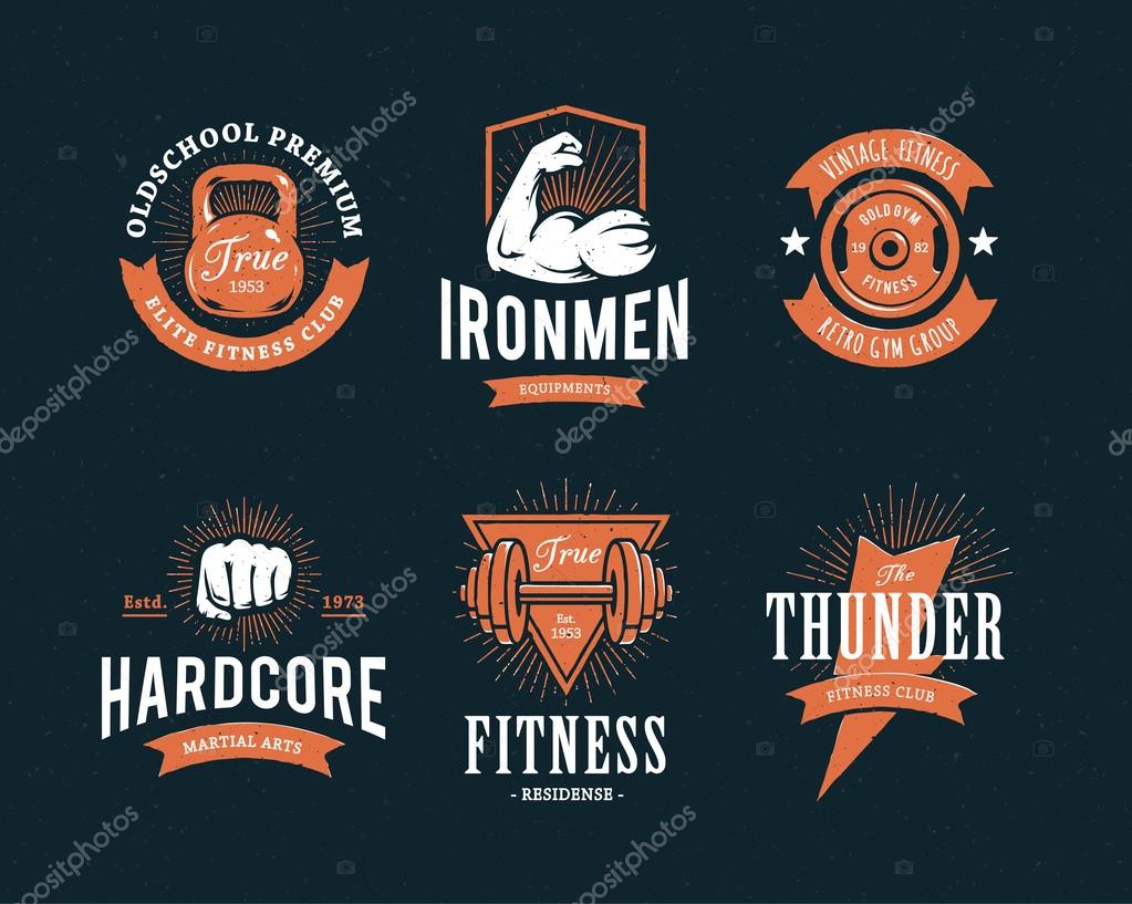 Set of retro styled fitness emblems. Vintage gym logo templates. Vector illustrations.